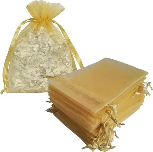 50 bolsas de organza de regalo con cordón dorado de 4 x 6 pulgadas para baby shower, Navidad, cumpleaños de niñas, recuerdos de fiesta, boda, Oro 4