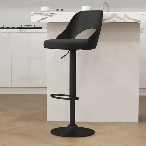 Miniatura 2 de HENGJIANYI Taburete de bar giratorio ajustable en altura con respaldo hueco, silla tapizada con base de metal negro, asiento negro