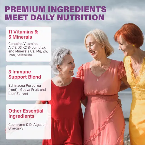 Miniatura 3 de Gomitas multivitamínicas para mujeres 50 Plus – con Omega 3, coenzima Q10, hierro, calcio, zinc, vitamina A, C, D3, E, K2, complejo B, folato