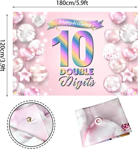 Miniatura 2 de Cartel de feliz cumpleaños número 10, telón de fondo de arcoíris degradado de doble dígito, fondo rosa de 10 años, decoraciones de cumpleaños