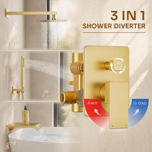 Miniatura 7 de Sistema de ducha dorado con boquilla de bañera, juego de grifo de ducha de bañera de metal con cabezal de ducha de lluvia de 10 pulgadas y combo