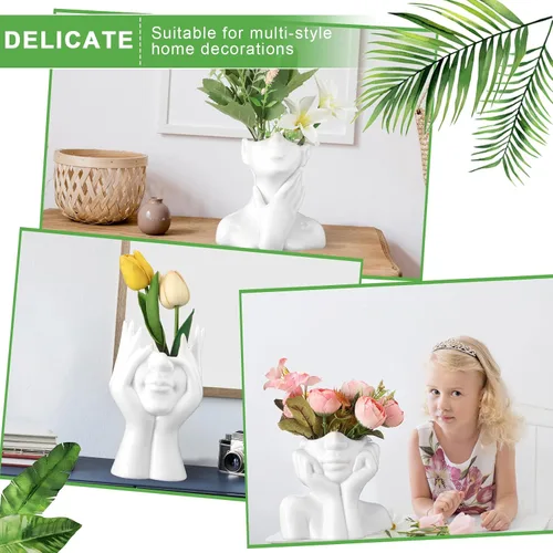 Miniatura 7 de Sieral 3 piezas de jarrón de cerámica con forma de cara femenina moderna con cuerpo de flor para decoración con cabeza, media forma de cuerpo
