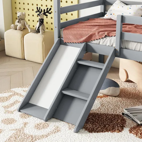 Miniatura 6 de Cama baja de tamaño individual con tobogán y escalera, marco de cama con barandillas de seguridad y techo en forma de casa, para dormitorio