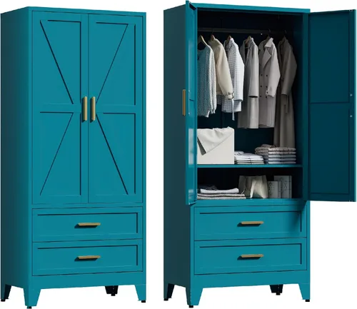 Washsemba - Armario de guardarropas de metal de casa rural de 71'' con barra para colgar, 2 armarios de puerta de granero con estantes ajustables, 2