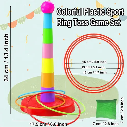 Miniatura 2 de Colorido juego de lanzamiento de anillos deportivos de plástico para niños, 2 columnas coloridas+48 anillos+12 bolsas de frijoles, juguetes