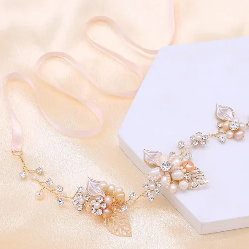Miniatura 2 de Oriamour Diadema de cristal nupcial con perlas de agua dulce Diseño de flores Accesorios para el cabello de boda (dorado)