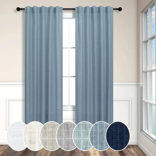 Miniatura 107 de Cortinas de lino azul de 84 pulgadas de largo para sala de estar; juego de 2 paneles con lengüeta trasera; cortinas con dobladillo para barra; Azul