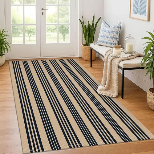 Miniatura 30 de KOZYFLY Felpudo a rayas blancas y negras de 2 x 3 pies, alfombra pequeña de área de algodón para porche delantero, alfombra lavable para exteriores