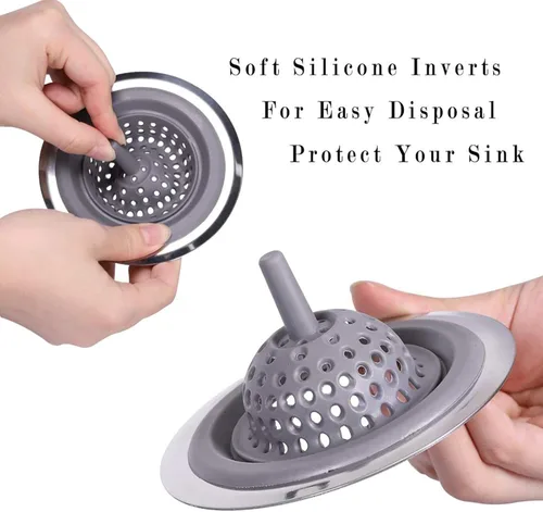Miniatura 7 de Paquete de 2 coladores de drenaje de silicona inoxidable para fregadero de cocina, protector de drenaje, evita obstrucciones, borde ancho grande