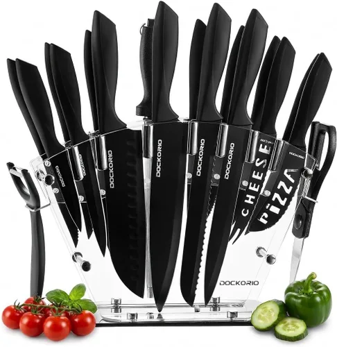 Juego de cuchillos de cocina con bloque, 19 piezas de acero inoxidable de alto carbono afilado incluye juego de cuchillos de carne dentados, Negro