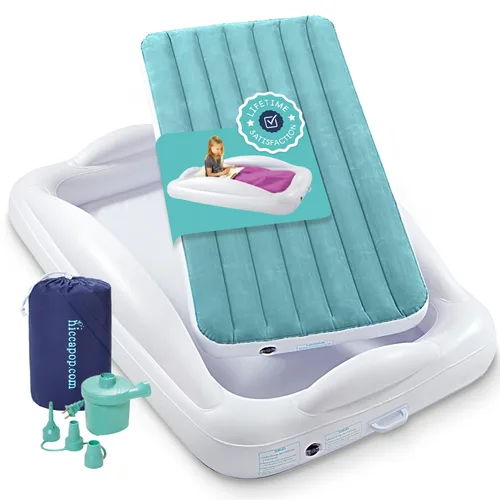 Miniatura 8 de hiccapop Cama inflable de viaje para niños pequeños con parachoques de seguridad [4 lados], cama portátil para niños, colchón de aire para niños