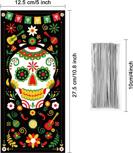 Miniatura 2 de 100 bolsas de regalo del Día de los Muertos, bolsas de plástico de celofán negro con 100 lazos plateados para decoraciones de Halloween, suministros