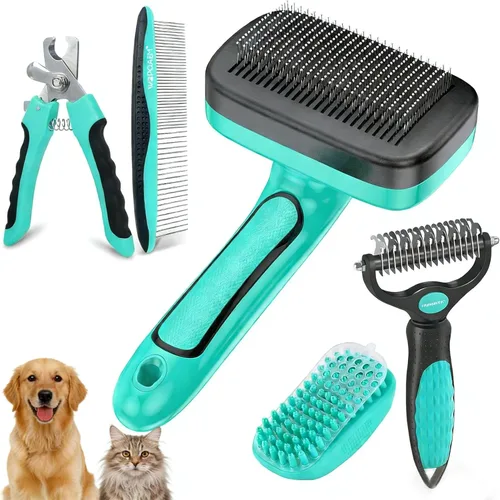 5 piezas de cepillo deslizante autolimpiante, rastrillo de aseo de mascotas, cepillo de baño, cortaúñas y peine para mascotas para perros y gatos,