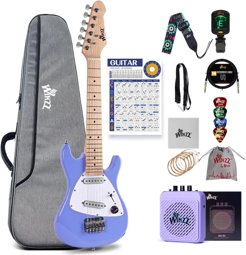 Miniatura 11 de WINZZ - Guitarra eléctrica para niños de 30 pulgadas, kit para principiantes, tamaño 1/4 mini, juego completo de iniciación con amplificador