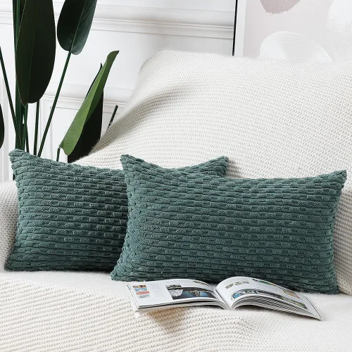Miniatura 26 de MADIZZ Juego de 2 fundas de almohada decorativas de pana rayadas estilo boho, 22 x 22 pulgadas, verde oscuro suave, funda decorativa para cojín