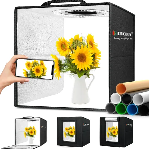 DUCLUS Fotografía de caja de luz, caja de cabina de fotos de 12 x 12 pulgadas con 120 luces LED regulables y CRI>95, caja de luz portátil con 8