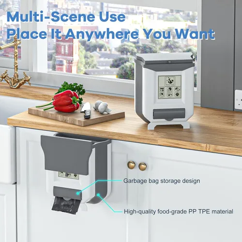 Miniatura 5 de HI NINGER Bote de basura pequeño con tapa, blanco grisáceo, 2.4 galones, plegable, sello de olor, cubo de compost de cocina, colgante, portátil