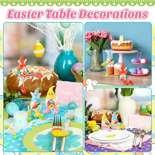 Miniatura 6 de 3 piezas Estatuillas de gnomos de conejo de Pascua con patas colgantes; decoraciones de resina de Pascua, figuras para adornos de estante