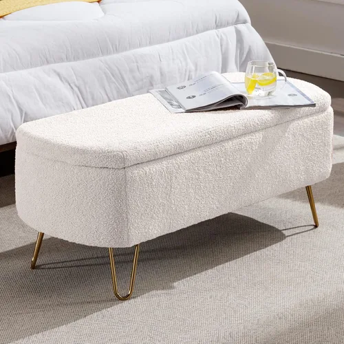 Miniatura 7 de Banco otomano de almacenamiento moderno, banco de entrada de piel sintética vintage, banco de pie de cama con patas doradas, banco acolchado