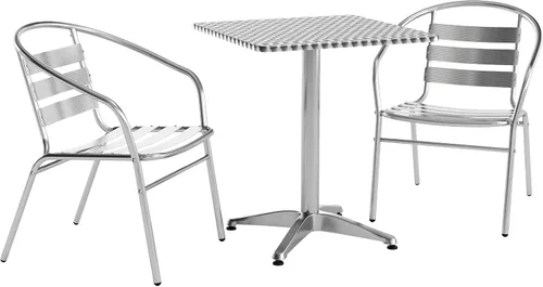 Flash Furniture Juego de mesa cuadrada de aluminio para interiores y exteriores de 23.5 pulgadas con 2 sillas traseras de listones