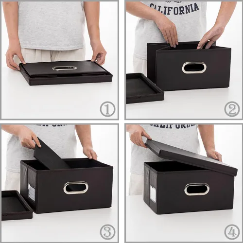 Miniatura 4 de PRANDOM - Caja de almacenamiento plegable con tapa [1 unidad] Caja organizadora plegable de tela de cuero, cesta con tapa para guardar cosas