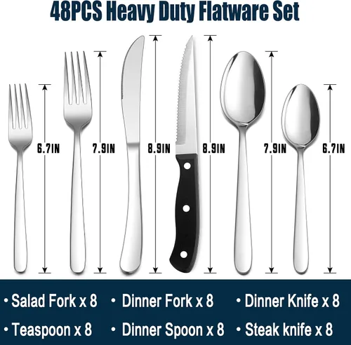 Miniatura 2 de HaWare Juego de cubiertos resistentes de 48 piezas para 8, cubiertos de acero inoxidable con cuchillos gruesos para carne, utensilios de comer