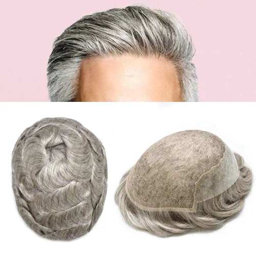 Miniatura 103 de Toupee para hombres pieza de pelo suave suizo encaje real sistema de cabello humano reemplazo blanqueado nudo mens tupé sistema de pelo para hombres