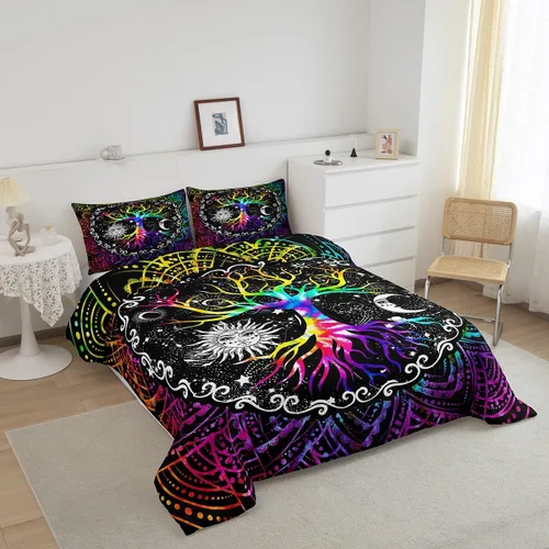 Miniatura 4 de Erosebridal - Juego de edredón tamaño King con diseño de Árbol de la Vida, juego de cama colorido de sol y luna para hombres y mujeres, edredón