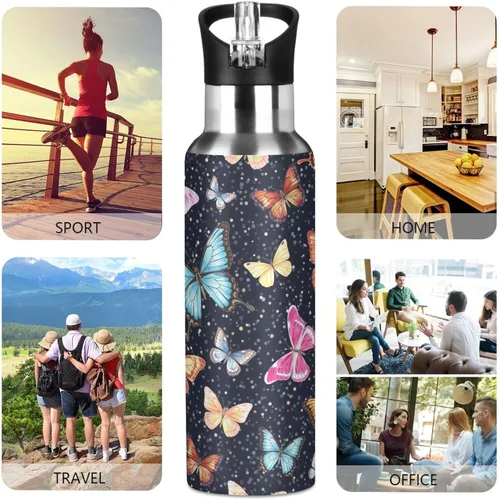 Miniatura 5 de Stainless Steel Water Bottle 20 Oz, Leakproof Water Bottles for Gym Outdoor Travel School, Colorful Butterflies Black