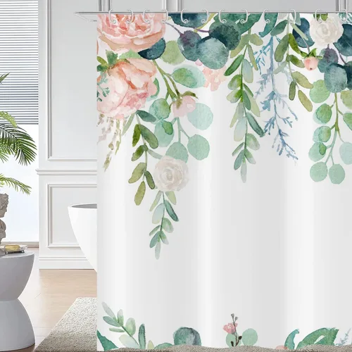 Miniatura 13 de Cortina de ducha de hoja de eucalipto, hojas verde salvia y doradas, plantas de acuarela en la parte superior, cortina de baño de tela con fondo