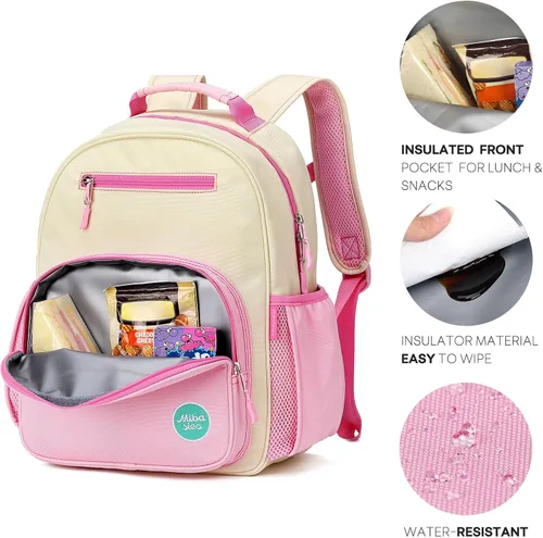 Miniatura 4 de mibasies Mochila para niñas y niños, ideal para niños y niñas, mochila para preescolar jardín de infantes y primaria, beige rosado, Niños-12L US