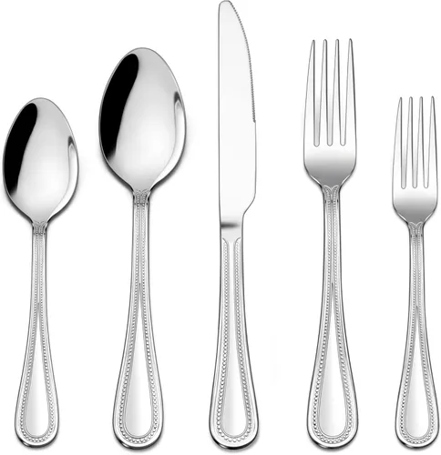 LIANYU Juego de cubiertos de 30 piezas de acero inoxidable para 6, utensilios de cocina de lujo con borde perlado, vajilla de restaurante de cocina