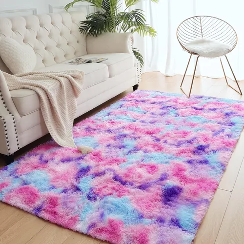 Miniatura 3 de AROGAN Alfombras de área suaves de arco iris para habitación de niñas de 6x9 pies, alfombras esponjosas de dormitorio para niñas, alfombra