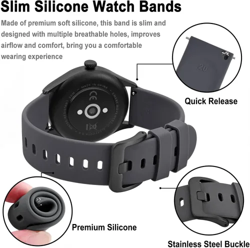 Miniatura 37 de BISONSTRAP Correas de reloj de silicona, correas de reloj delgadas con liberación rápida, 0.787 in, negro con hebilla negra