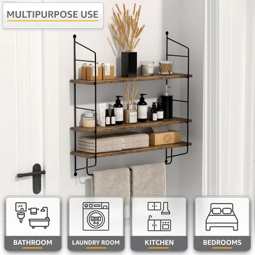 Miniatura 4 de Sorbus Estantes flotantes de baño de 3 niveles para pared, almacenamiento de pared de madera para toallas, armario de almacenamiento sobre el Marrón