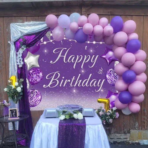 Miniatura 2 de INRUI Telón de fondo morado para fotografía de cumpleaños, globos plateados con purpurina para niñas y mujeres, pancarta de decoración de fiesta