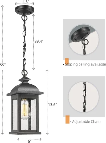 Miniatura 6 de FEMILA Aplique de pared exterior, luces colgantes al aire libre para porche, acabado negro mate antioxidante con pantalla de vidrio sembrado