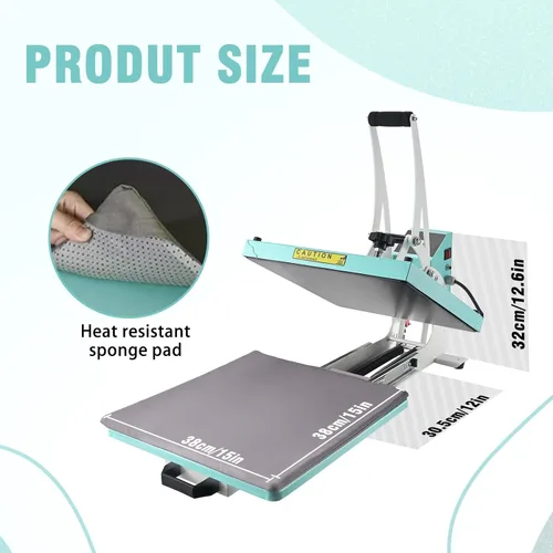 Miniatura 5 de ColorSub 15x15 Prensa Térmica para Camiseta con Cajón Deslizante, Máquina de Prensa Térmica para Sublimación, Azul Verde Lado hacia fuera-verde