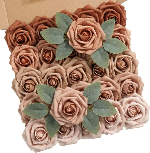 rongflower Flores artificiales de aspecto real, color rosa polvoriento, rosas falsas de espuma con tallos, 25 piezas para bricolaje, bodas, Rosa