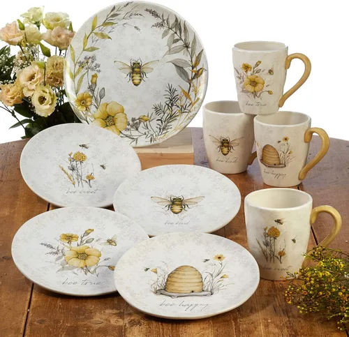 Miniatura 5 de Bee Sweet - Juego de 4 tazas grandes de cerámica – Tazas de café de 22 onzas, té, chocolate caliente con diseño floral y abeja de granja, tazas
