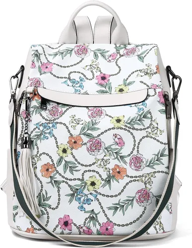 Bromen - Mochila tipo bolso de mano de piel antirrobo para mujer a la moda, Beige floral, L