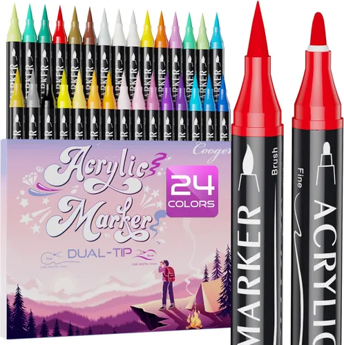 Marcadores de pintura acrílica de doble punta de 24 colores, punta fina y punta de pincel, bolígrafos de pintura acrílica permanente para pintura de