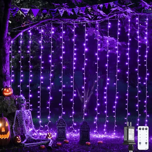 JMEXSUSS 300 luces LED de Navidad moradas con control remoto, cortina colgante de luz enchufable, 8 modos de luces moradas para dormitorio, ventana,