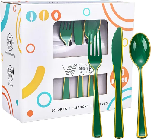 Miniatura 15 de WDF 180 cubiertos de plástico plateado – cubiertos de plástico plateado – cubiertos de plástico elegante resistente – 60 tenedores, 60 cuchillos, 60
