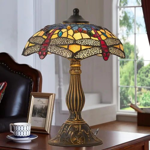 Miniatura 10 de Lámpara de mesa estilo Tiffany, lámpara de mesa de vidrio manchado, lámpara de decoración antigua artesanal para mesita de noche, dormitorio, sala