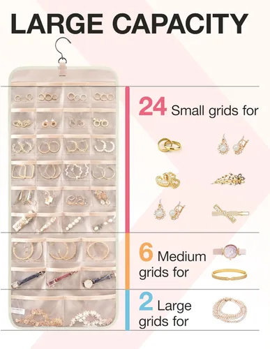 Miniatura 3 de Organizador de joyas colgante BAGSMART con rollo de almacenamiento y ganchos metálicos, soporte doble para aretes, collares, anillos en el armario