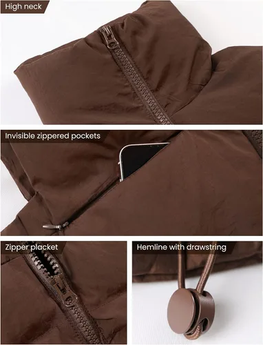 Miniatura 2 de Uaneo - Chaleco acolchado corto, sin mangas, con cuello alto y cremallera para mujer