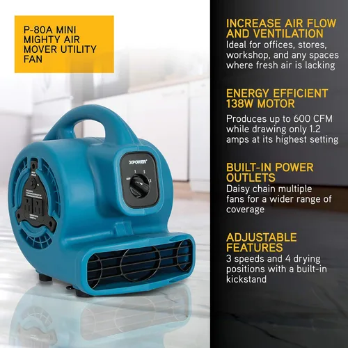 Miniatura 2 de XPOWER P-80A Mini Mighty - Ventilador de aire centrífugo de 138 W 600 CFM, secador de alfombras, ventilador de piso, soplador, apilable, conexión