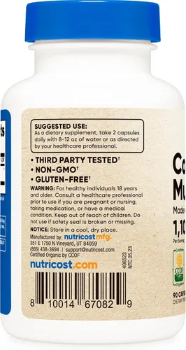 Miniatura 4 de Nutricost Cordyceps - Cápsulas de hongos de 1100 mg, 45 porciones – Certificado CCOF fabricado con orgánico, vegetariano, sin gluten, 550 mg por