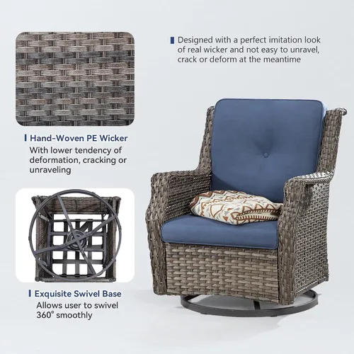 Miniatura 8 de Silla giratoria para patio al aire libre, silla giratoria de 360 grados con cojines de tela de capa catiónica repelentes al agua de 3.5 pulgadas